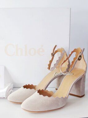 New CHLOE Scalloped d'Orsay Suede Heeled Pumps, EU 37.5, Ankle Strap